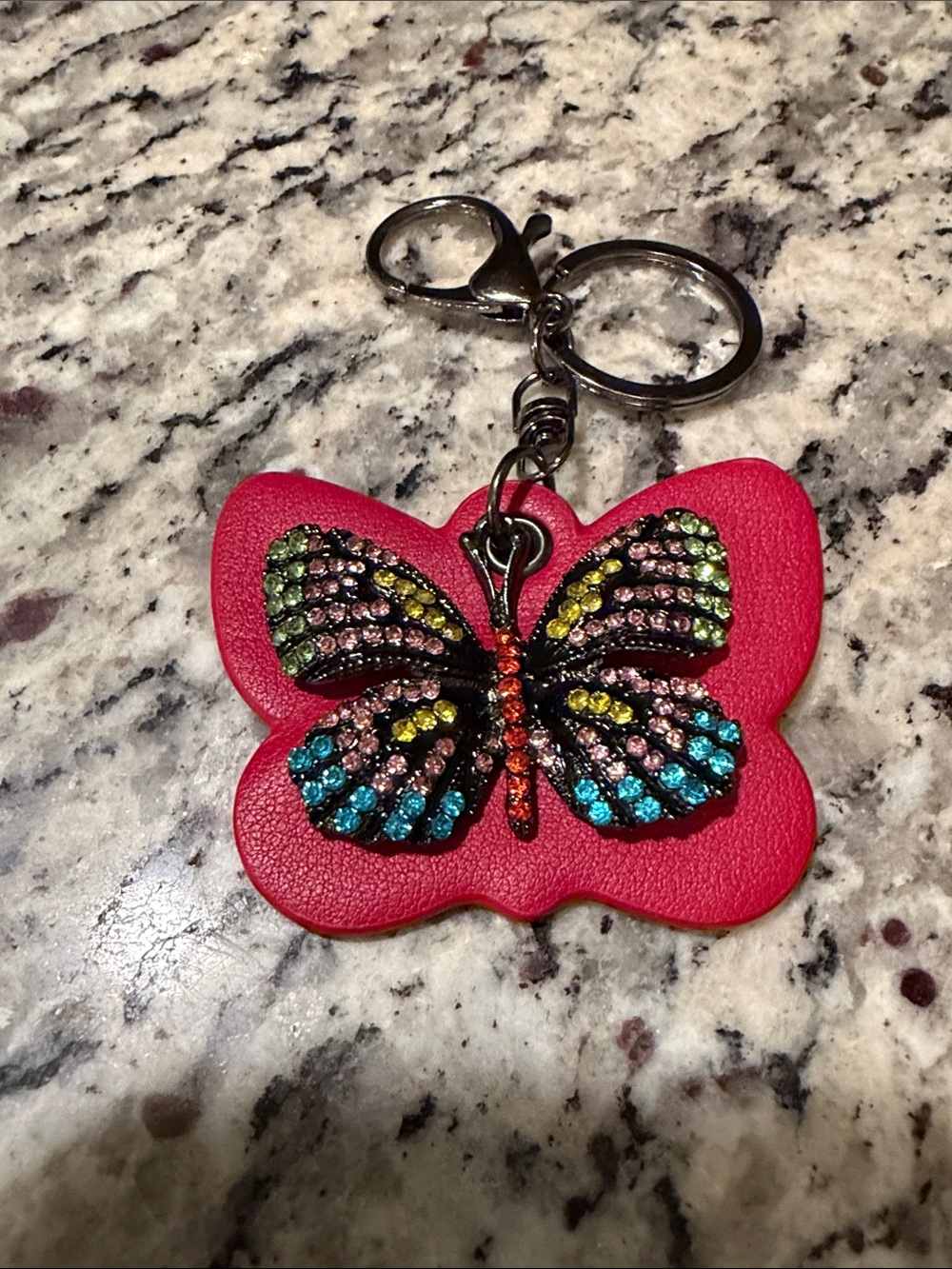 Red Butterfly Leather Key Chain with Metallic Flower Charm